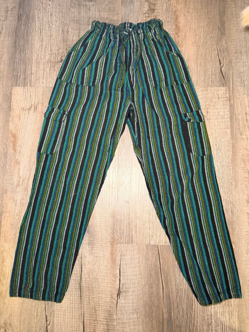 Striped Woven Cargo Pants Boho Hippie Elastic Waist Drawstring Est S/M
